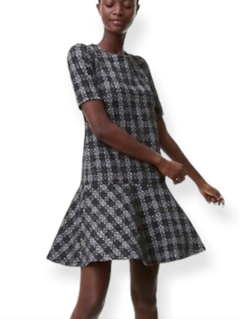 LOFT Black And White Plaid Tweed Flounce Short Sleeve Mini Dress Size Medium